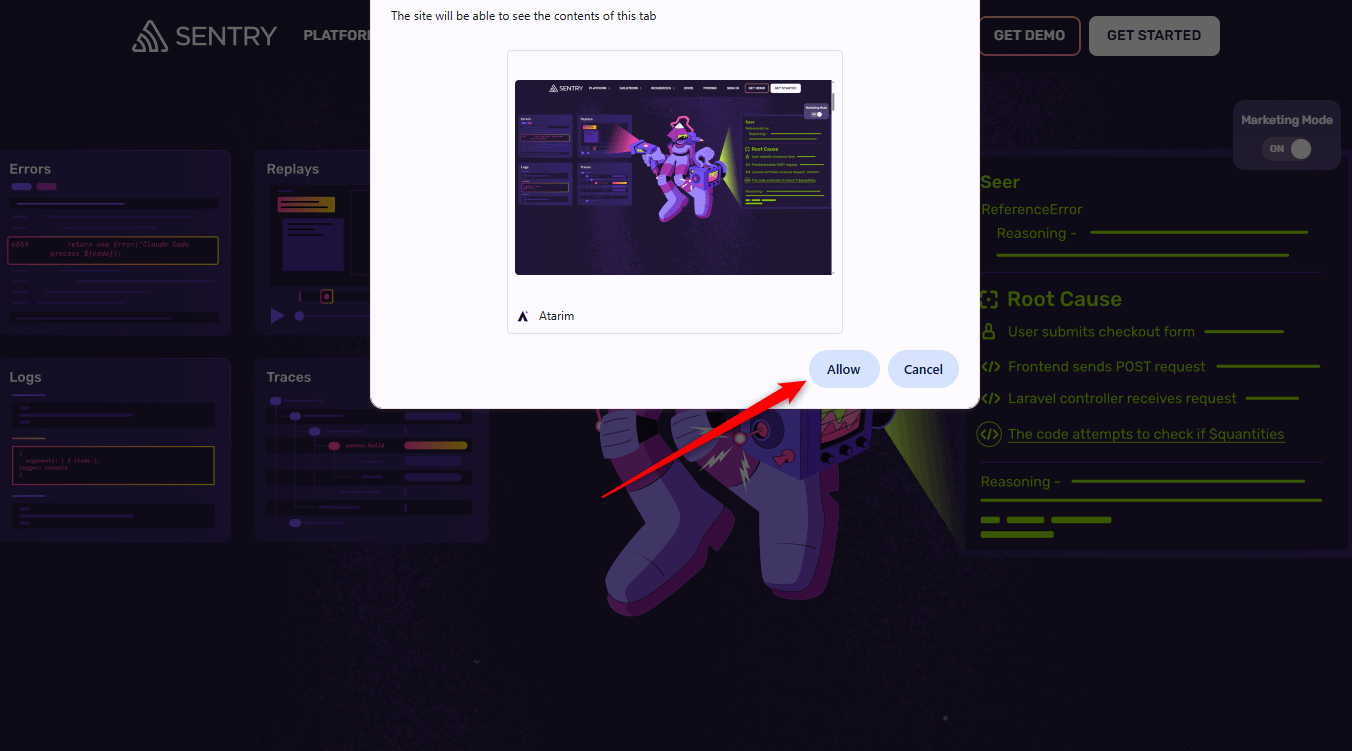 A browser prompt asking permission to view this tab