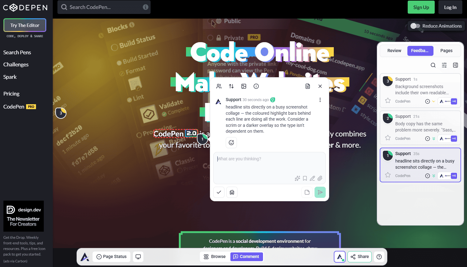 A task thread open on a CodePen page, with the Atarim Feedback sidebar listing three tasks