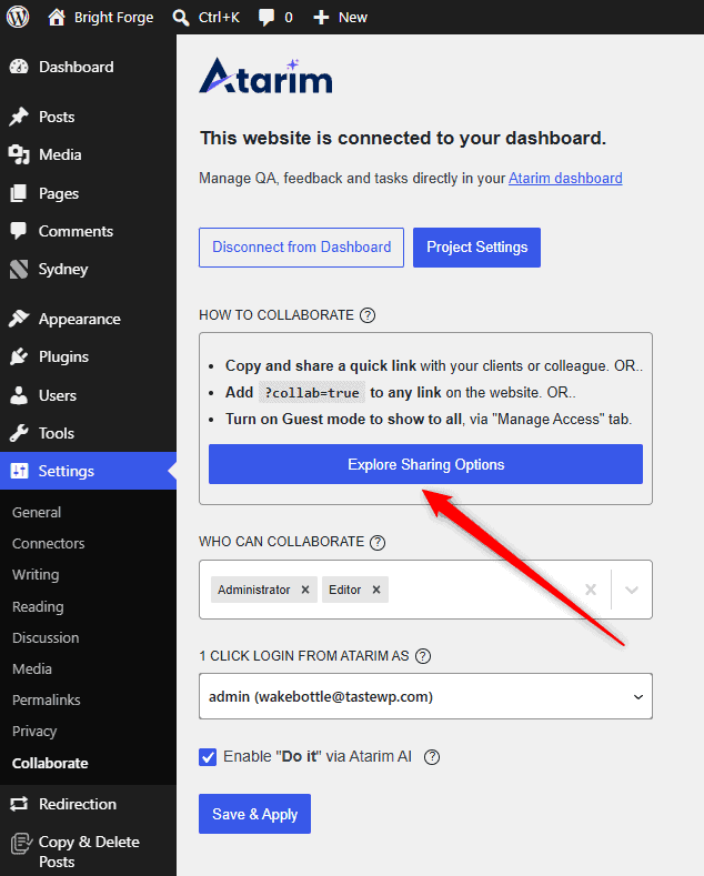The plugin's Collaborate settings in WordPress with an arrow on Explore Sharing Options
