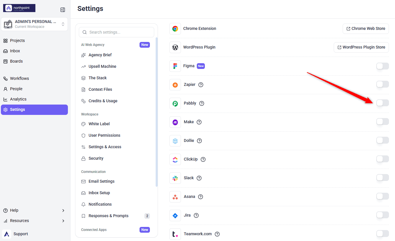 Atarim Integration Settings list with an arrow on the Pabbly toggle, still switched off