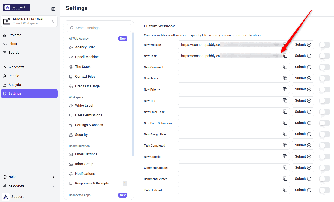 Custom Webhook settings with Pabbly URLs in the New Website and New Task fields, and an arrow on New Task