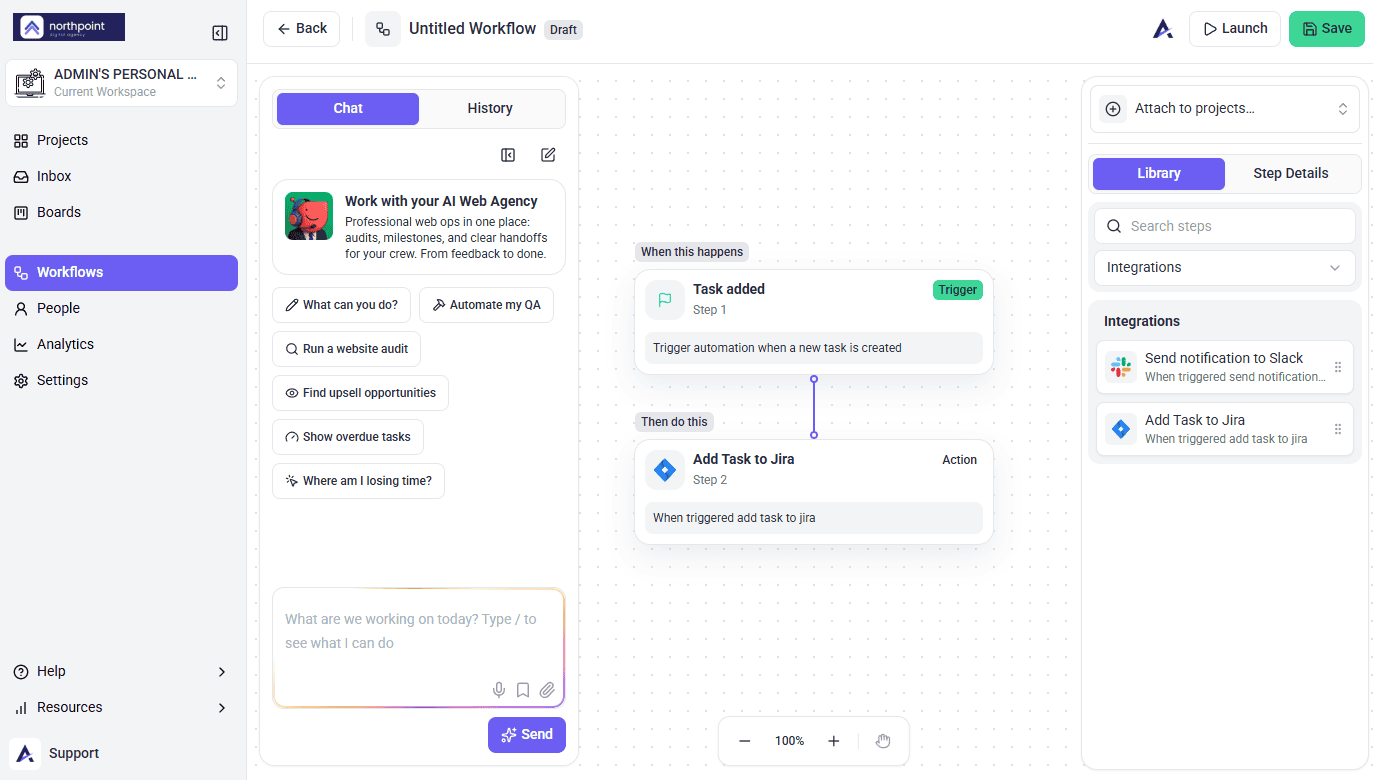 Workflow builder with Task added as the trigger and Add Task to Jira as the action step