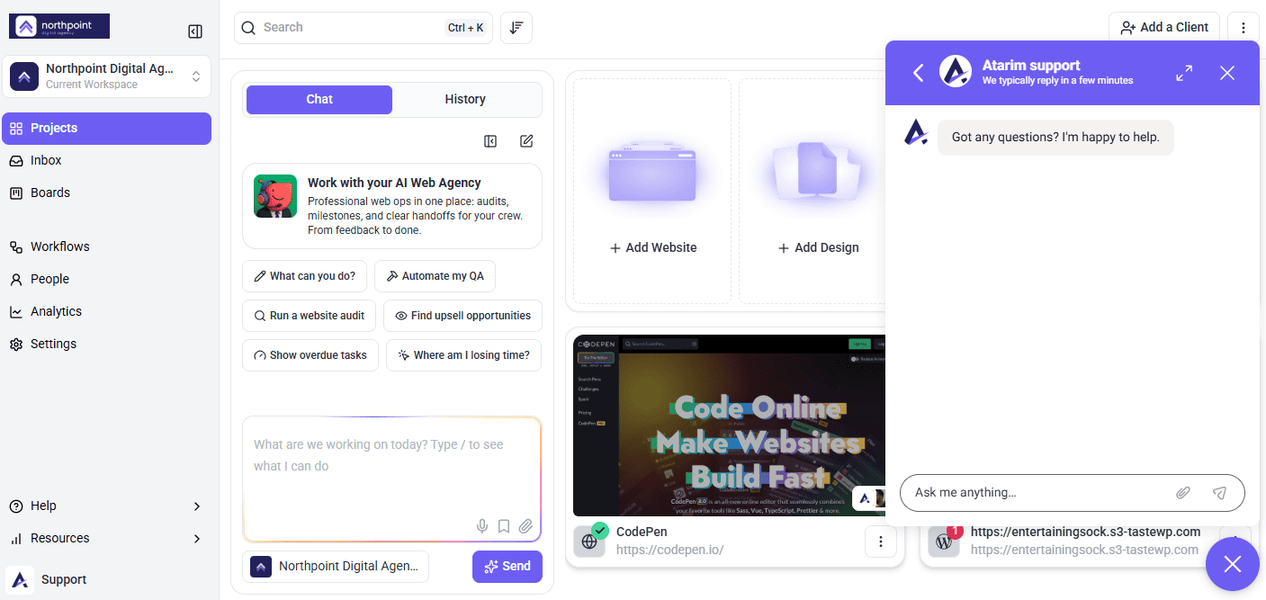 Atarim support messenger open over the Projects screen, with a greeting and an Ask me anything message box
