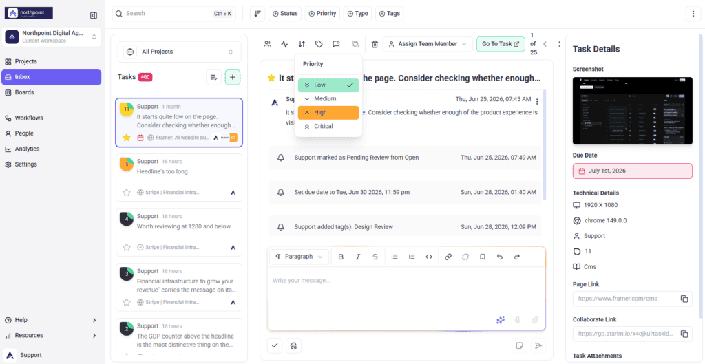 Priority menu open on an Inbox task, showing Low, Medium, High and Critical