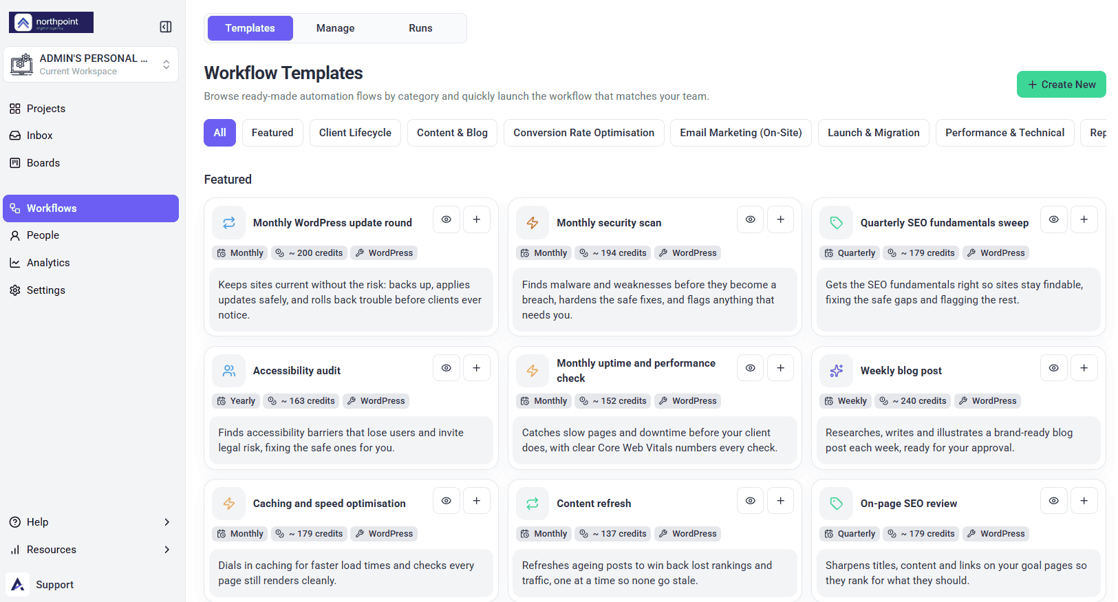 Workflow Templates on the Templates tab, with the Create New button at the top right