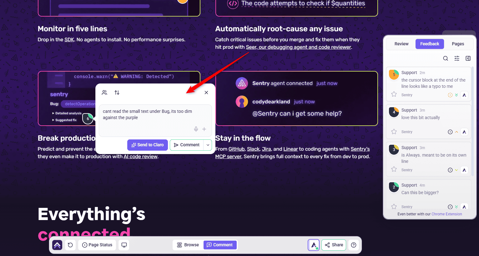 Comment box open on a clicked section of the page, with Send to Claro and Comment buttons, beside the Feedback list