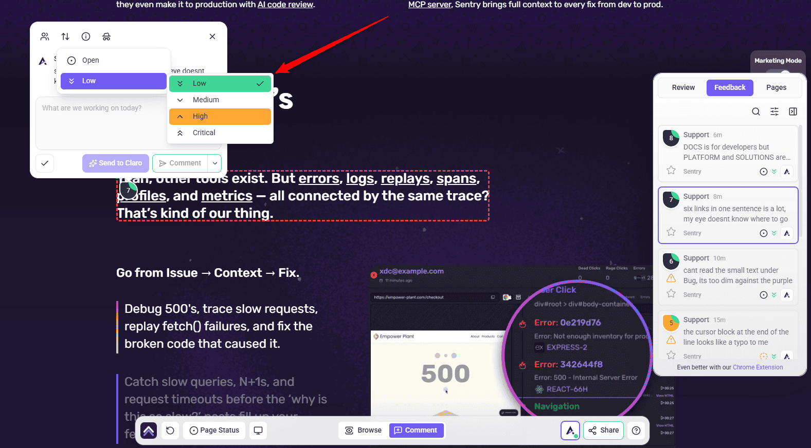 Priority menu open on a task, listing Low, Medium, High and Critical, with Low selected