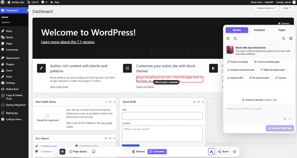 WordPress admin Dashboard with the Atarim bottom bar, the Review sidebar and an element highlighted for a comment