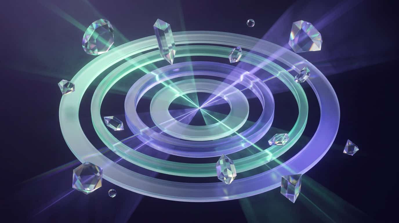 Abstract geometric telemetry array and circular glass radar structure with concentric frosted glass rings emitting soft emerald and slate violet beams across a moody dark violet environment.