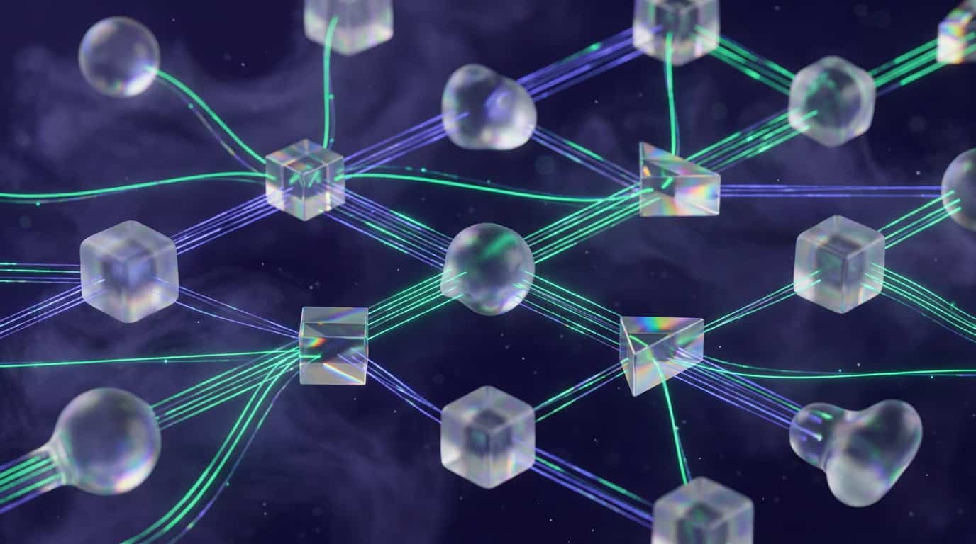 Abstract 3D glassmorphic search node network and query routing graph with glowing neon emerald and slate violet laser data lines connecting floating frosted glass prisms against a deep dark purple background.