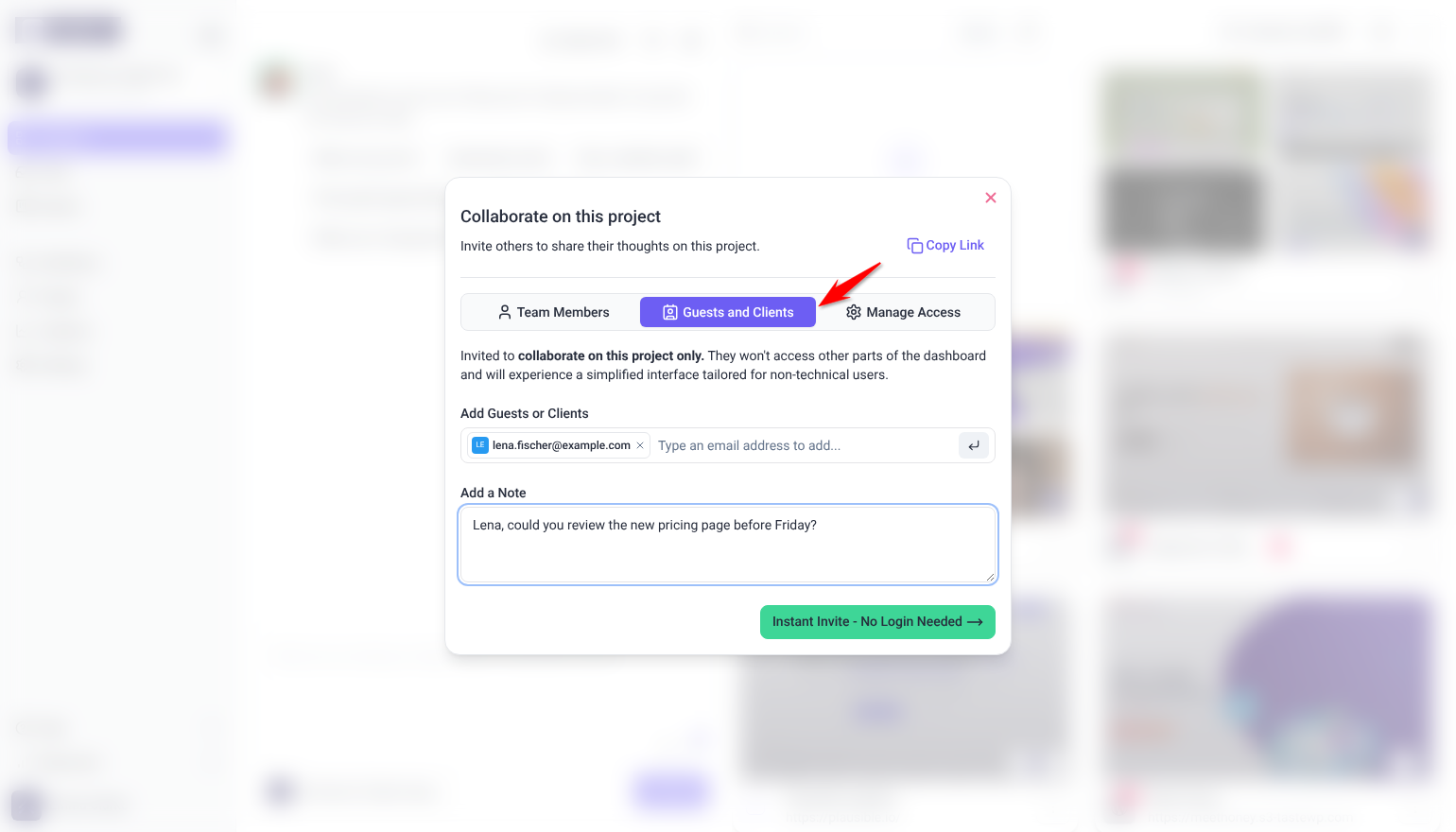 Guests and Clients tab with a client email, a note and the Instant Invite - No Login Needed button