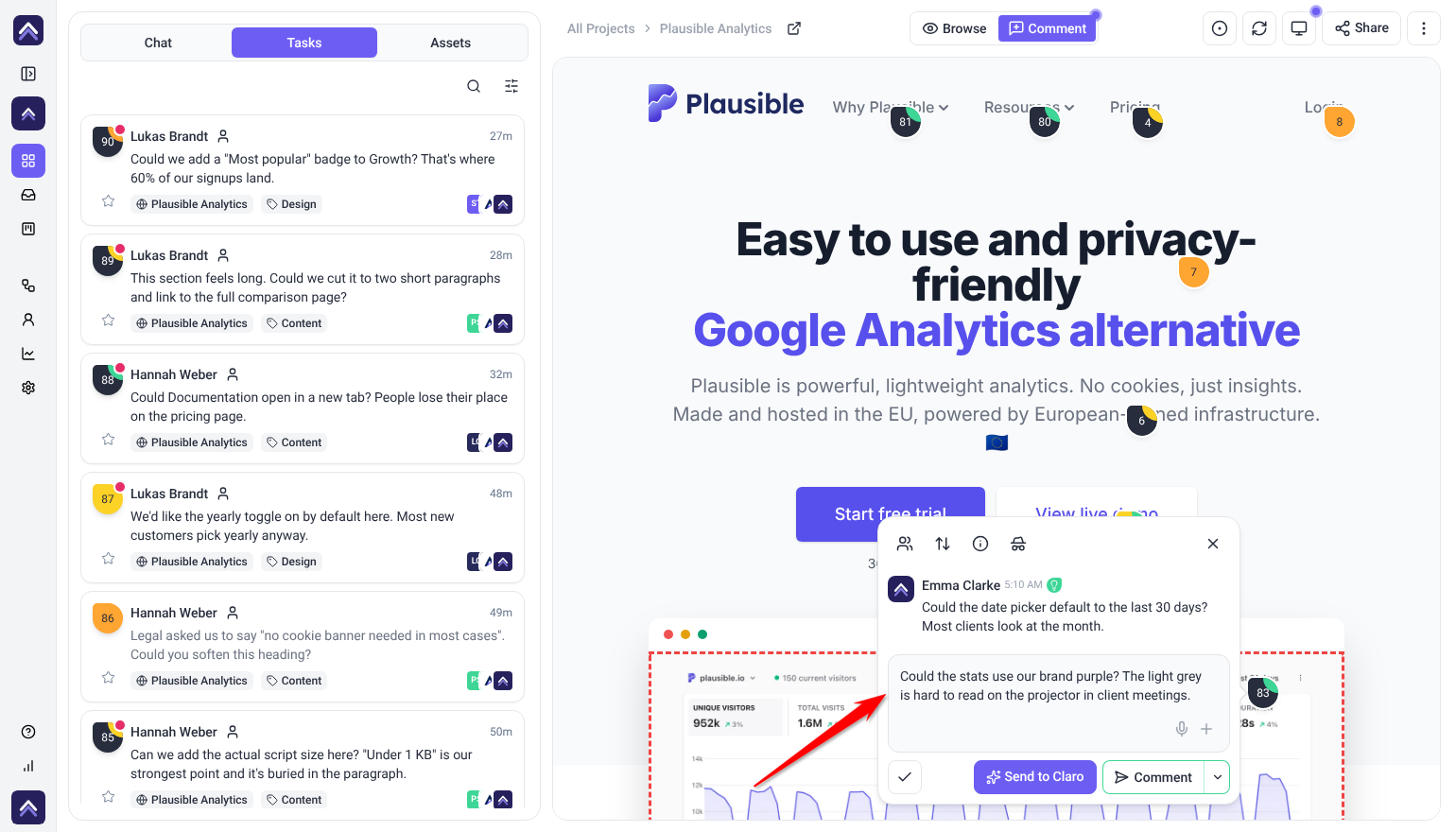 Comment box pinned to an element on the Plausible homepage, with a comment typed