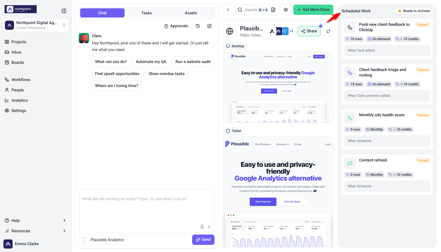 Project Dashboard with the chat rail, the site preview and the Scheduled Work column