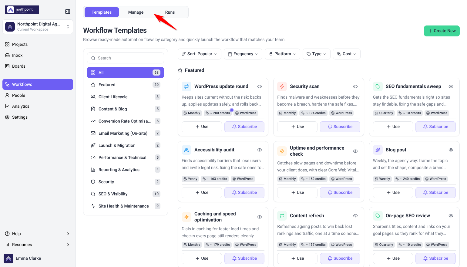 Workflows screen with the Templates, Manage and Runs tabs