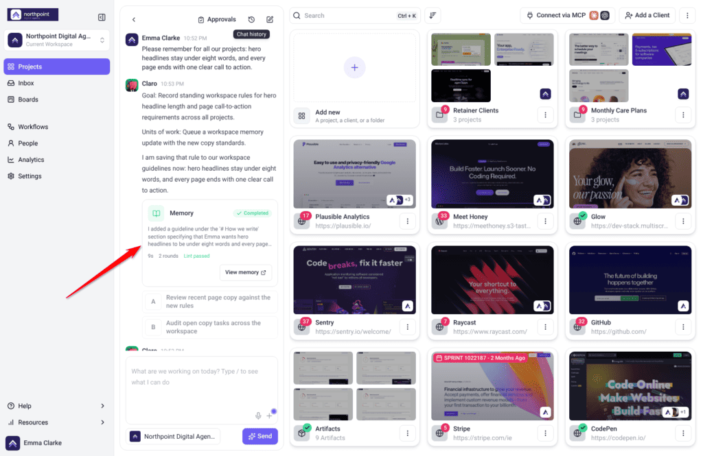 Workspace chat where Claro saves a copy rule for all projects and shows a completed Memory card