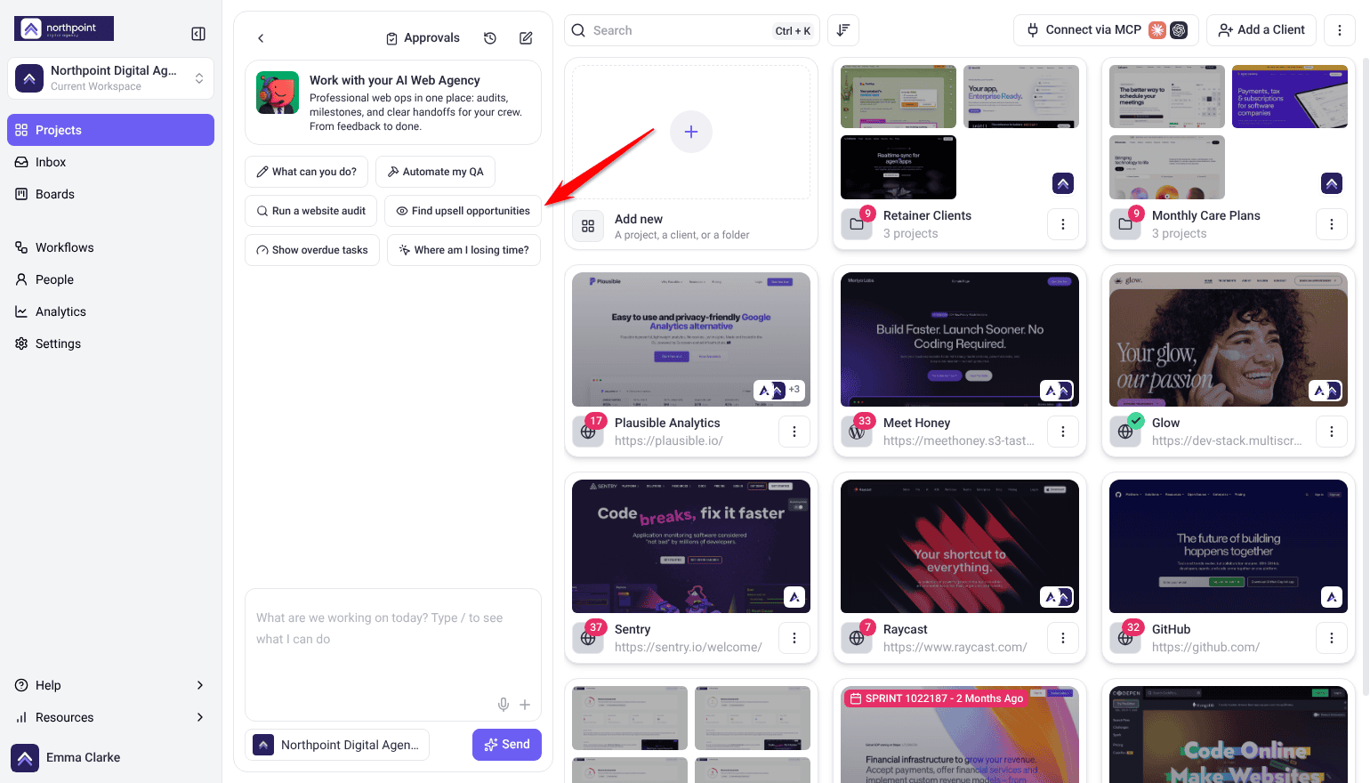 Workspace chat on Projects with the Find upsell opportunities prompt button