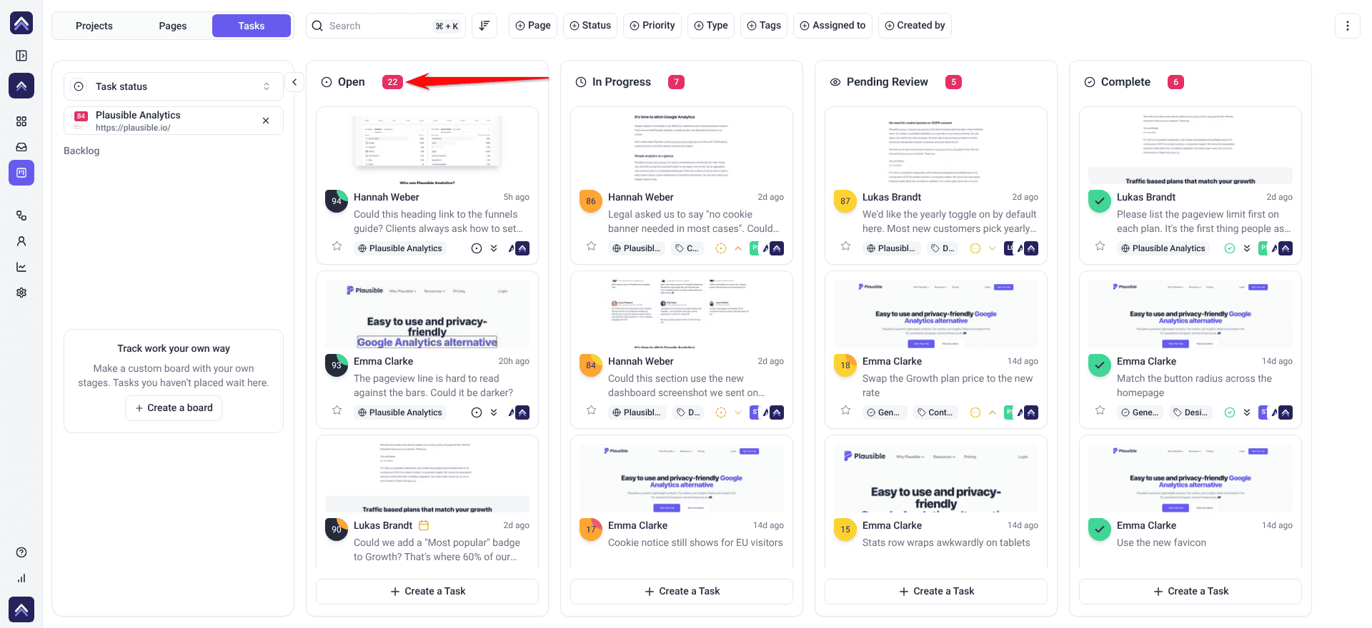 Task status board for Plausible Analytics with Open, In Progress, Pending Review and Complete, the arrow on the Open count