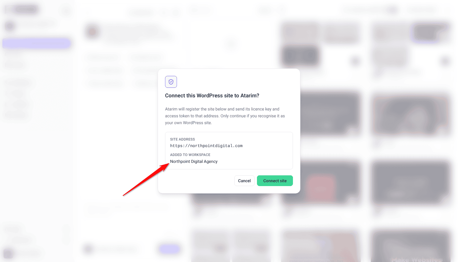 Connect this WordPress site to Atarim? dialog with Site address and Added to workspace: Northpoint Digital Agency