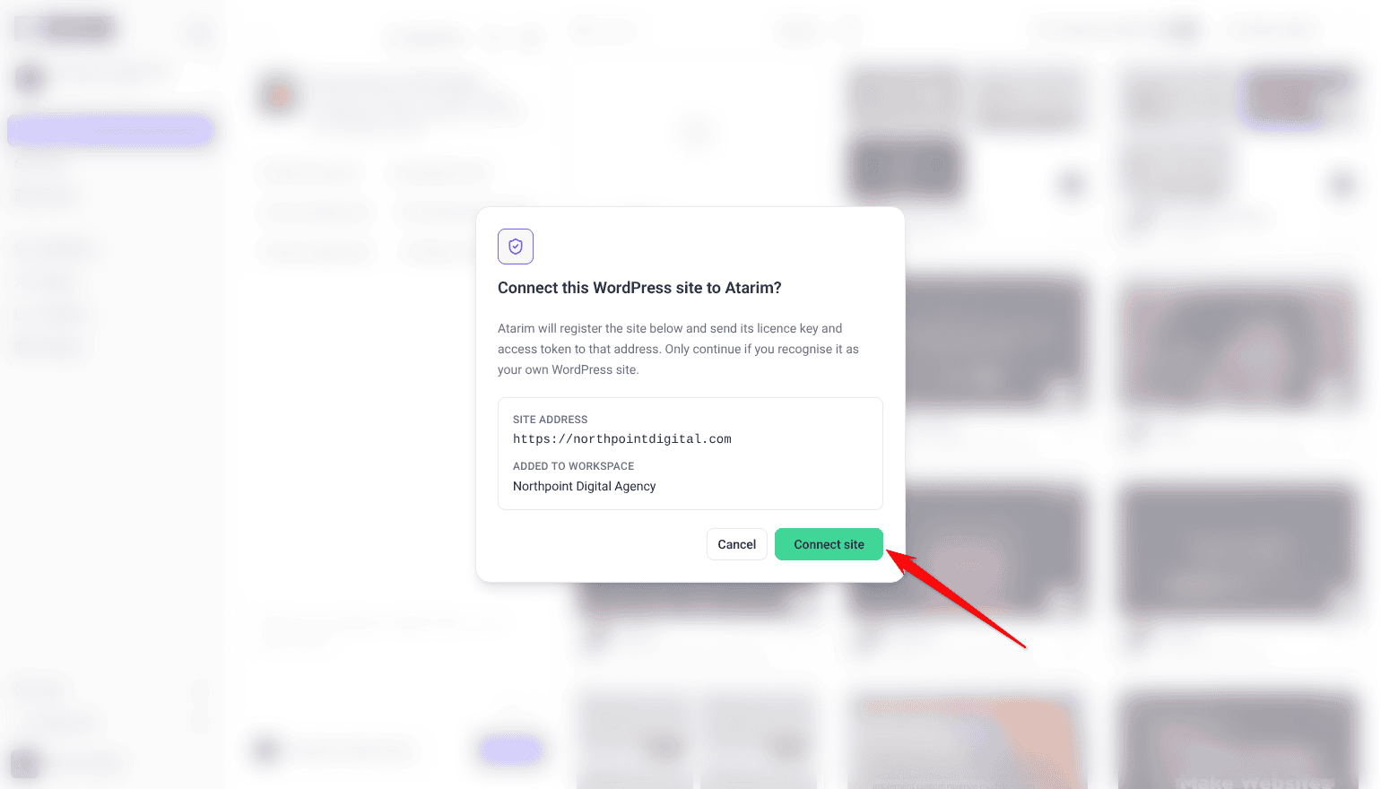 Connect this WordPress site to Atarim? dialog with the Cancel and Connect site buttons
