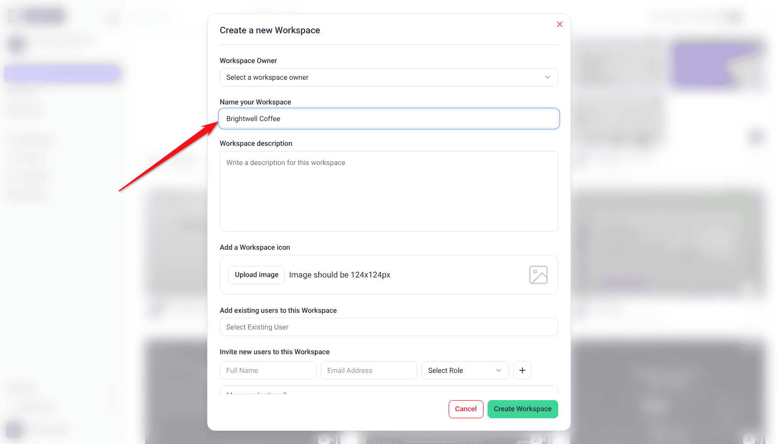 Create a new Workspace form with the workspace name entered