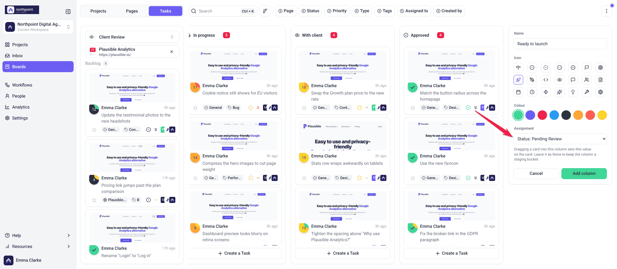 Add a Column form with a name, an icon, a color and the Assignment set to Status: Pending Review
