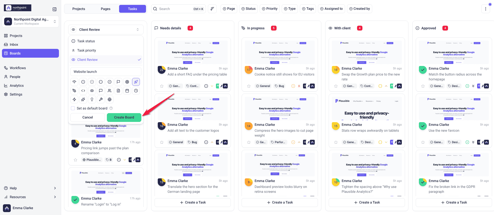 New Board form in the board picker, with a board name, an icon and Set as default board