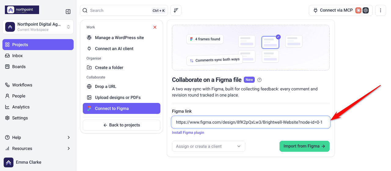 Collaborate on a Figma file panel with a Figma link entered and Import from Figma