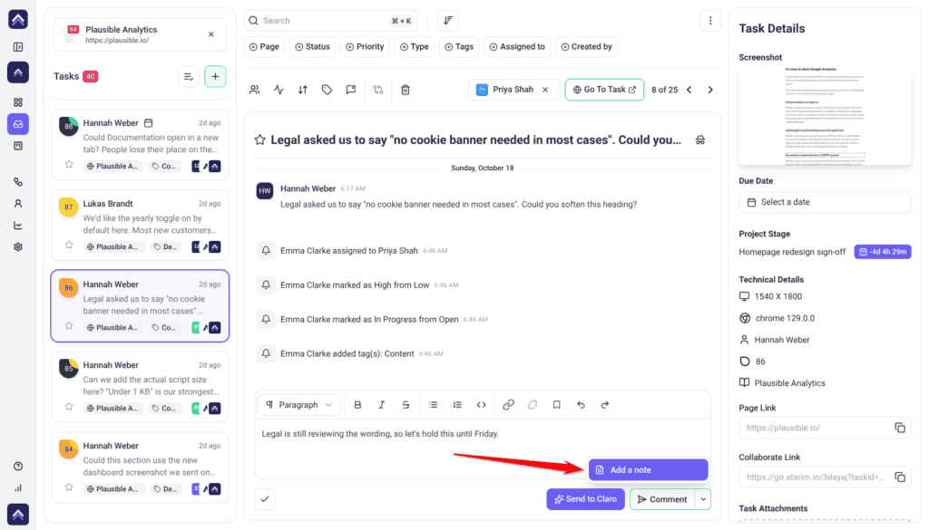 Internal remark typed in a task's message box with the Comment menu open, the red arrow pointing at Add a note