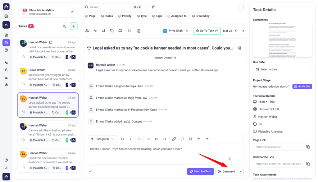 Reply to Hannah Weber typed in a task's message box, with the red arrow pointing at the Comment button