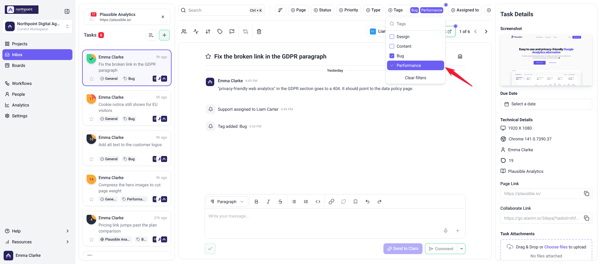 Inbox tag filter open with Bug and Performance ticked and the task list narrowed to 6 tasks