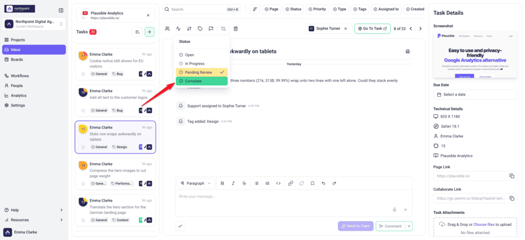 Task status menu open on a Pending Review task in the Inbox, with Complete highlighted
