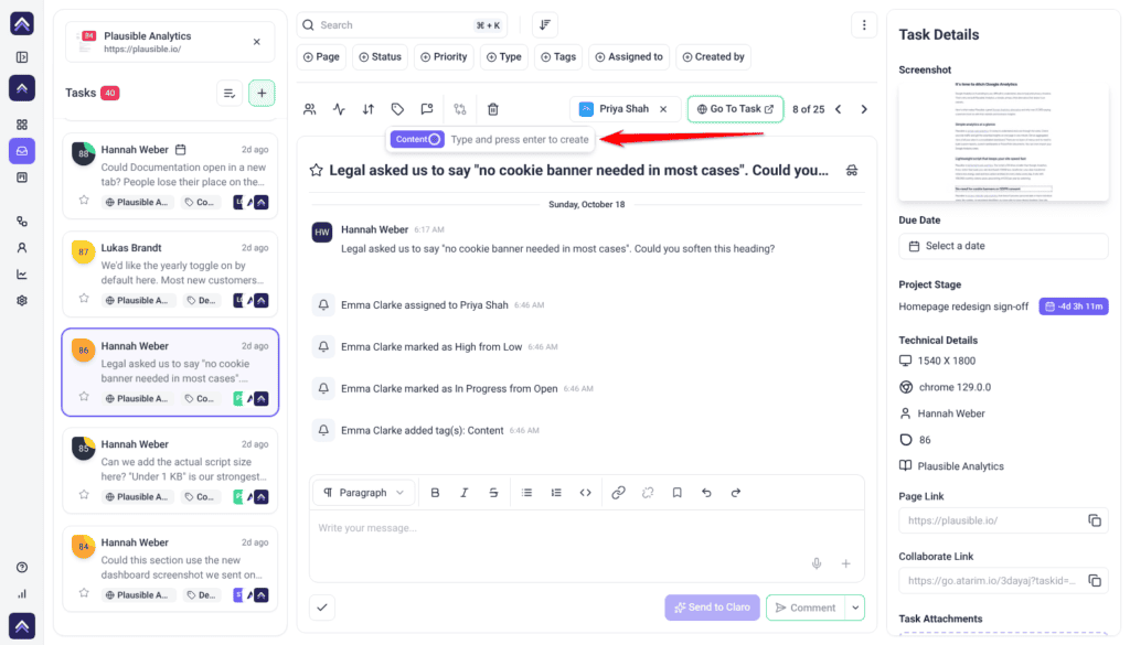 Inbox task from Hannah Weber with the tag field open and the Content tag added; the arrow points at the tag field
