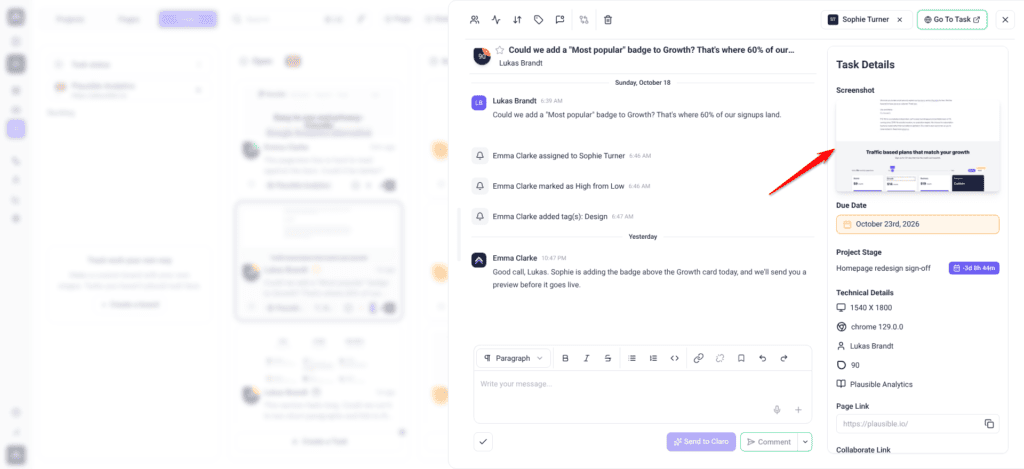 Task panel opened from the board with Lukas Brandt's request and Task Details; the arrow points at the captured screenshot