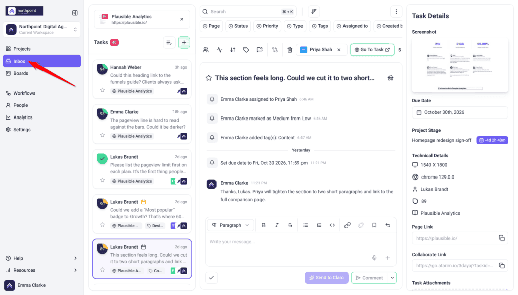 Inbox filtered to Plausible Analytics with Lukas Brandt's task open beside Task Details; the arrow points at Inbox in the sidebar