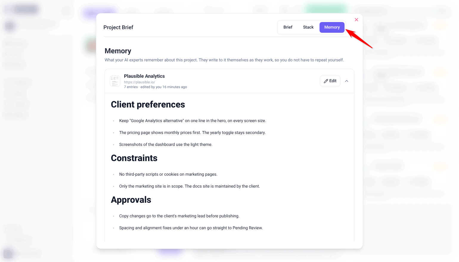Project Brief window on the Memory tab, showing a client's project memory with an Edit button