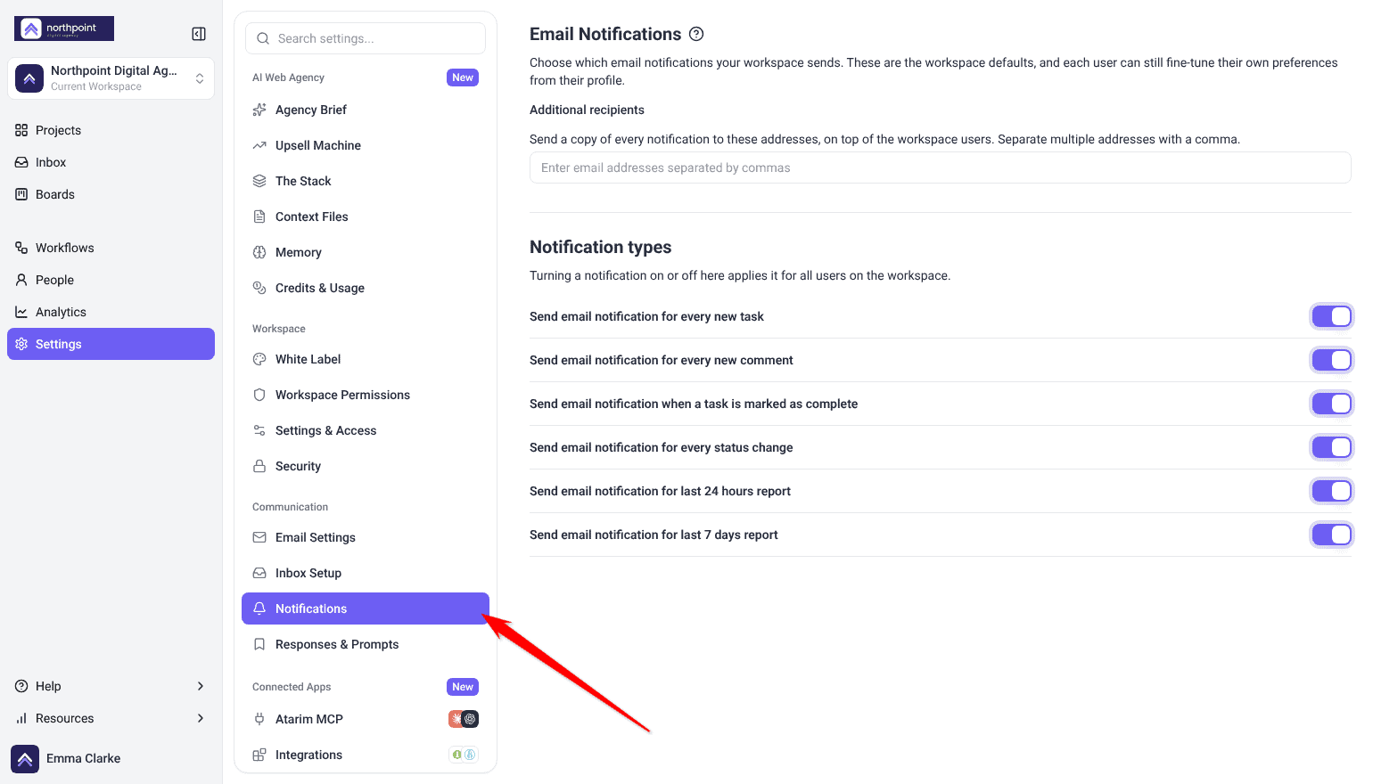 Email Notifications settings with additional recipients and notification type switches