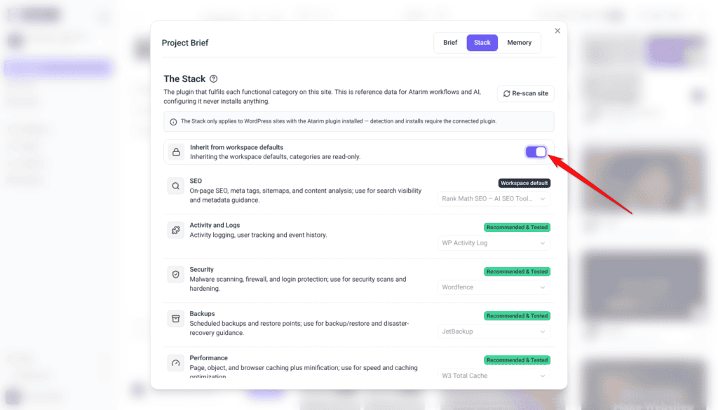 Project Brief modal on the Stack tab, with the Inherit from workspace defaults switch on and categories read-only