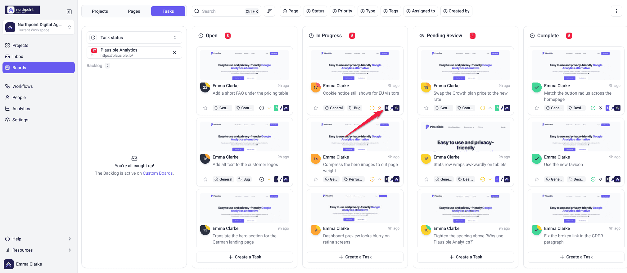 Status Board for Plausible Analytics with each task card showing its priority icon and assignee avatar