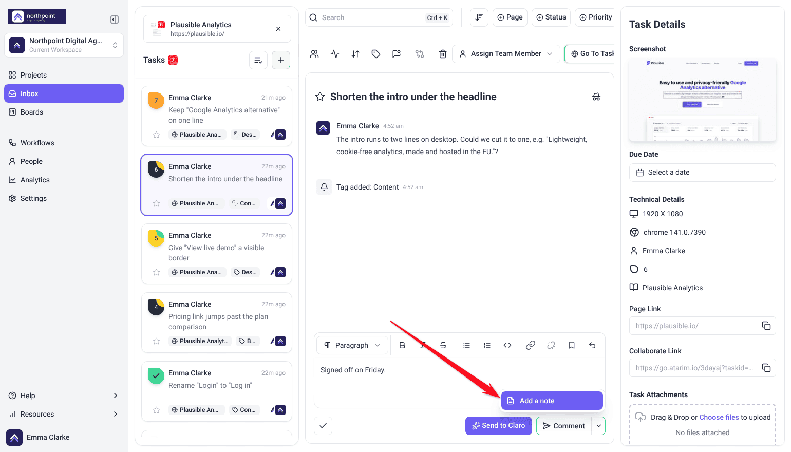 Task reply menu open on Add a note to post an internal note