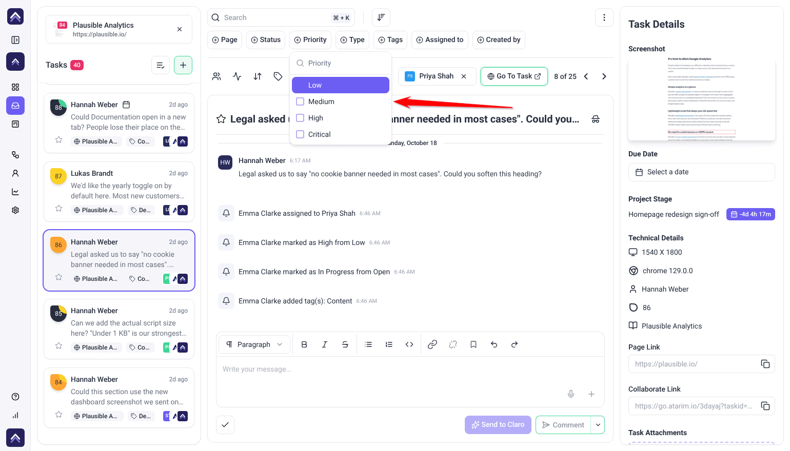 Inbox Priority filter open with Low, Medium, High and Critical; the arrow points at the list