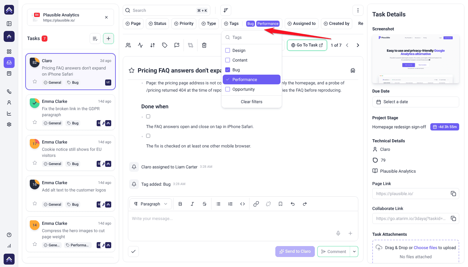 Inbox Tags filter open with Bug and Performance ticked, narrowing the list to 7 tasks; the arrow points at the Tags filter