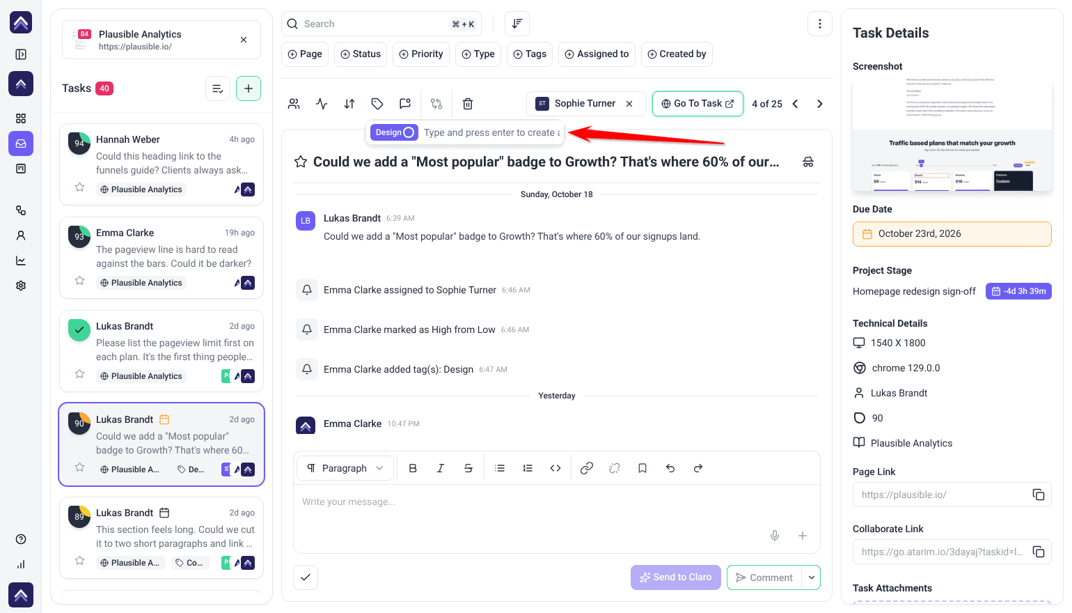 Inbox task from Lukas Brandt with the tags box open, showing the Design tag; the arrow points at the box
