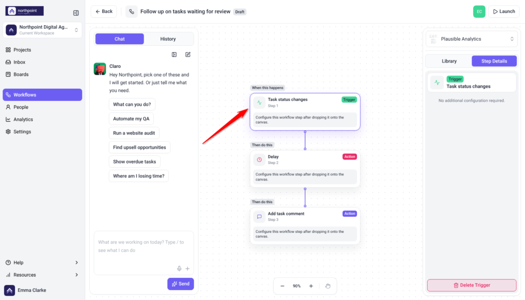 Workflow builder with the arrow on the Task status changes trigger, followed by Delay and Add task comment steps