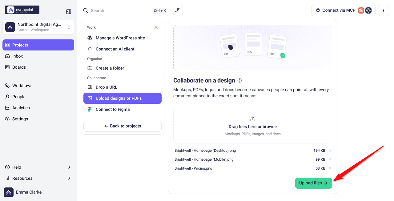 Three design files listed under the drop zone with the Upload files button