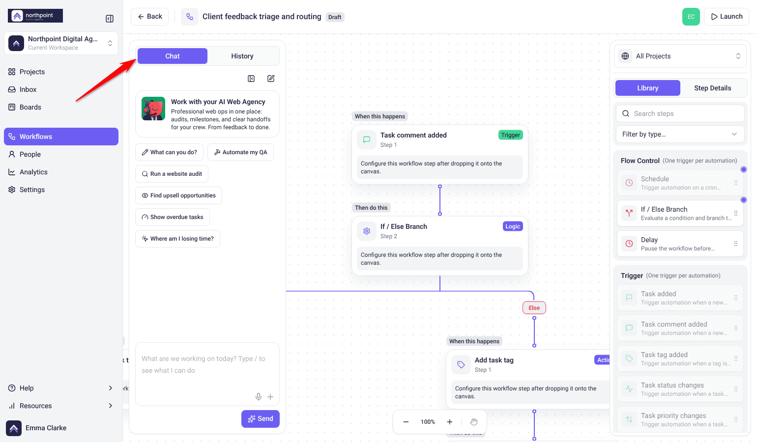 Workflow builder with the chat panel open on the left of the canvas, on its Chat tab