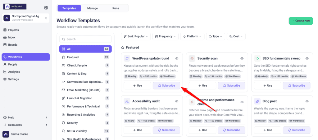 Workflow Templates tab with template cards, each with Use and Subscribe buttons