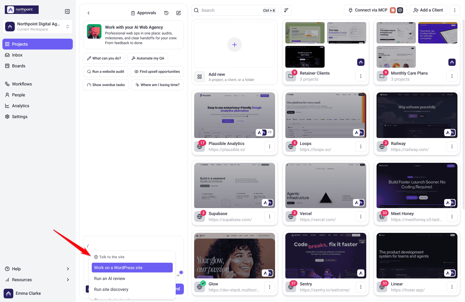 Projects screen with workspace chat on the left and the / suggestions menu open under the message box