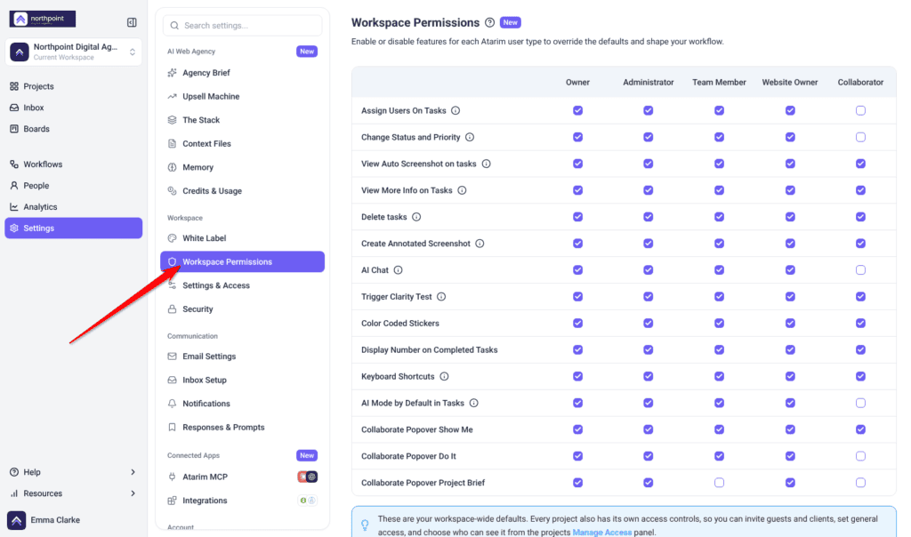Workspace Permissions table of fifteen capabilities across five roles