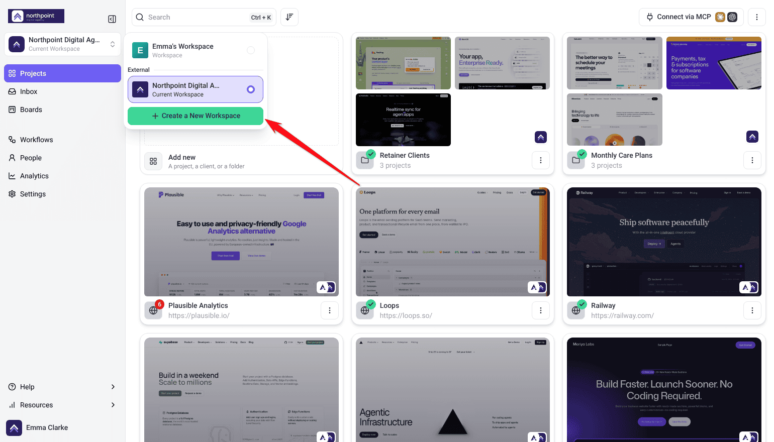 Workspace switcher open with the Create a New Workspace button