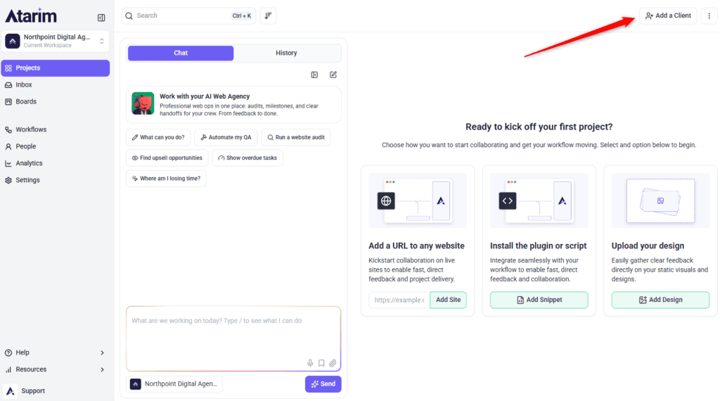 Projects screen with the Add a Client button highlighted in the top-right corner